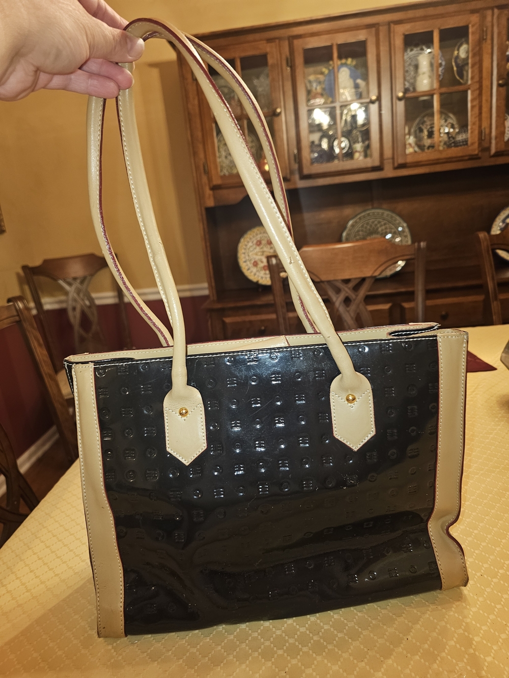 Arcadia Black Patent Tote with Cream Trim - Heavily Discounted Due To Damage - Picture 3 of 13